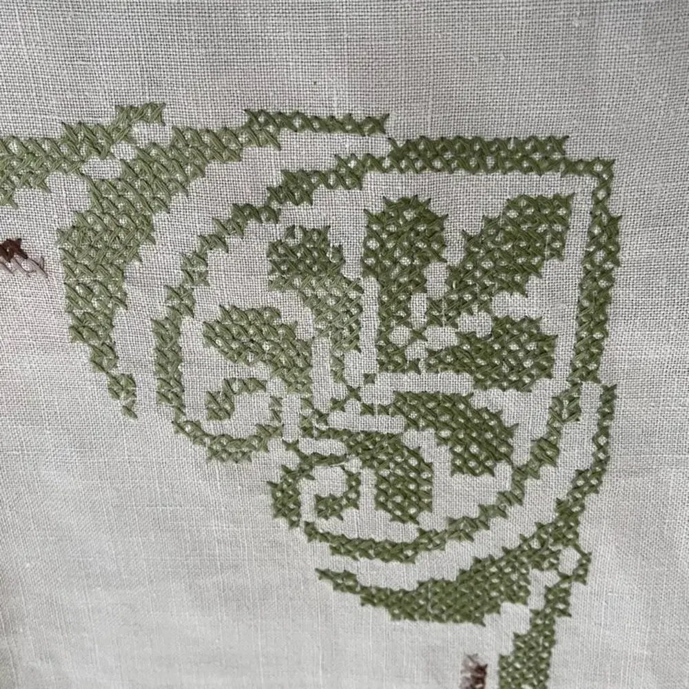 Vintage Beige Linen Tablecloth 73 x 56 Cross-stitch Embroidery Greek Key Border